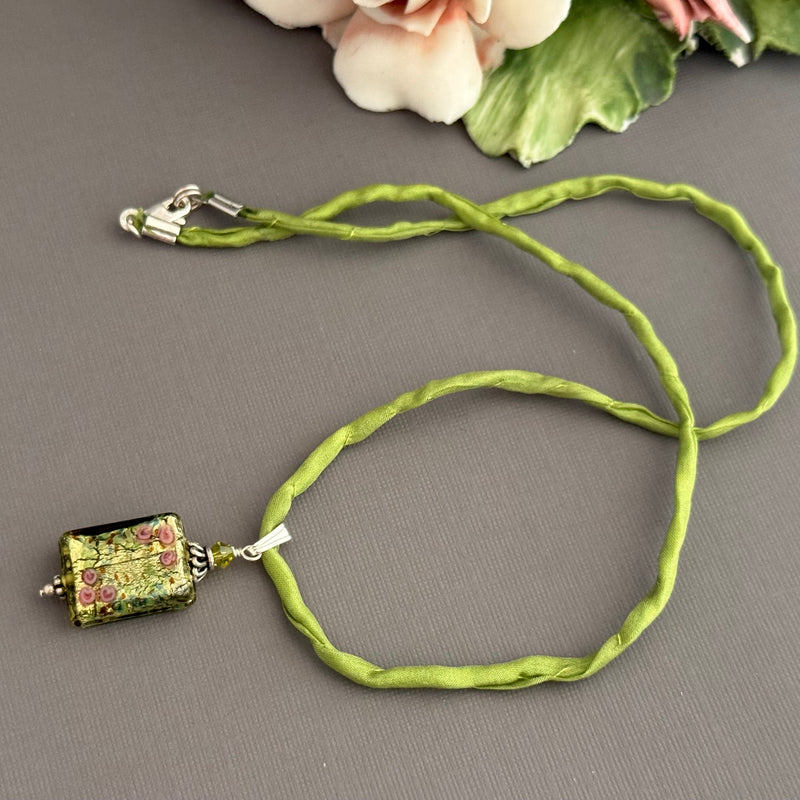 Luxury Handmade Rectangle Green Gold Foil Czech Glass Necklace on Silk Cord