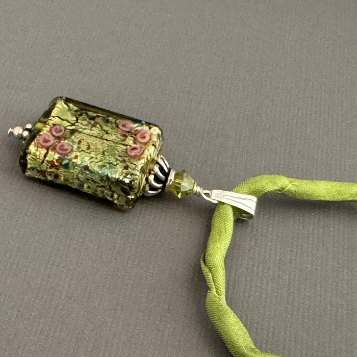 Luxury Handmade Rectangle Green Gold Foil Czech Glass Necklace on Silk Cord