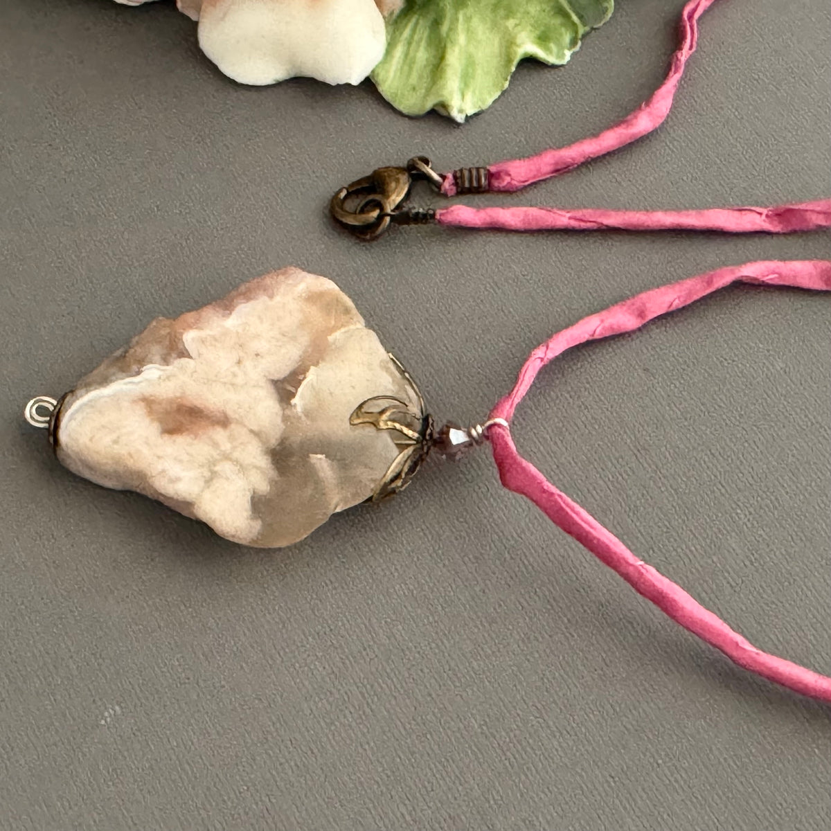 Cherry Blossom Agate Pendant Necklace on Silk Cord