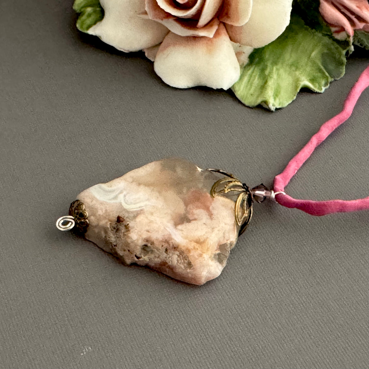 Cherry Blossom Agate Pendant Necklace on Silk Cord