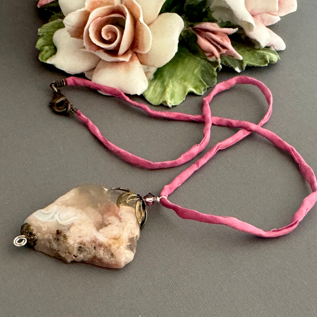 Cherry Blossom Agate Pendant Necklace on Silk Cord