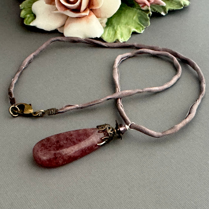 Strawberry Quartz Pendant Necklace on Silk Cord