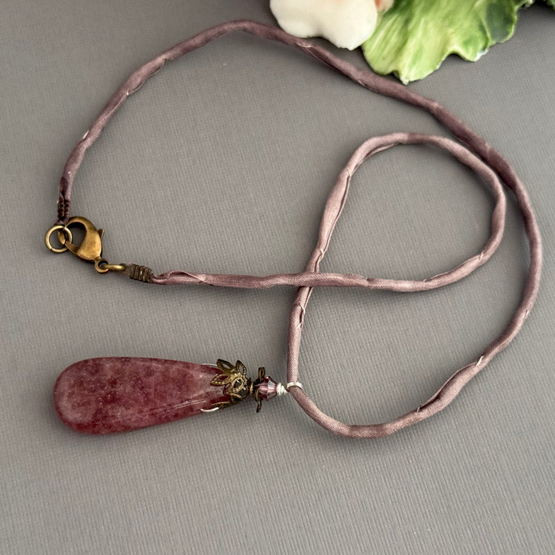 Strawberry Quartz Pendant Necklace on Silk Cord