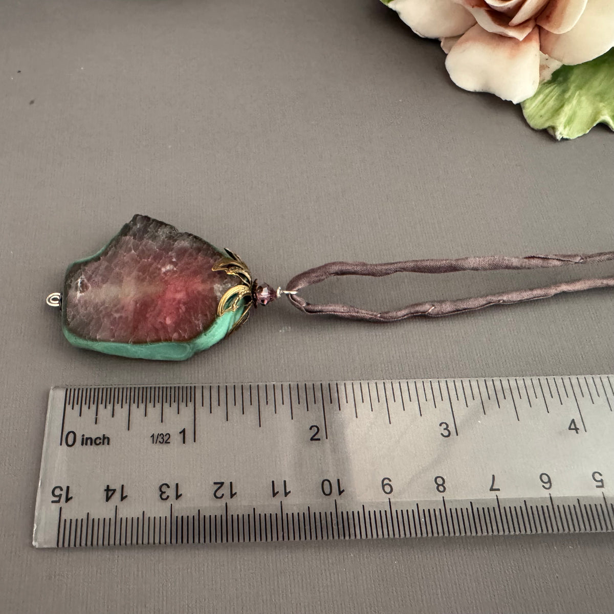 "Sliced Tourmaline" Freeform Agate Pendant Necklace on Silk Cord