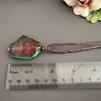 "Sliced Tourmaline" Freeform Agate Pendant Necklace on Silk Cord