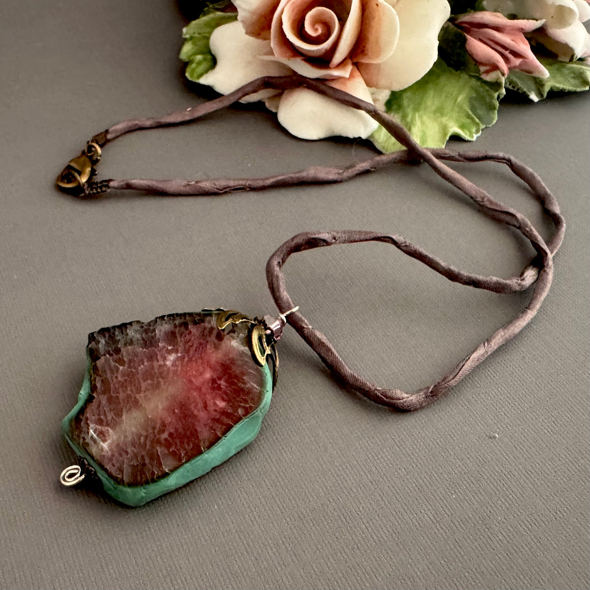 "Sliced Tourmaline" Freeform Agate Pendant Necklace on Silk Cord