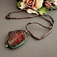 "Sliced Tourmaline" Freeform Agate Pendant Necklace on Silk Cord