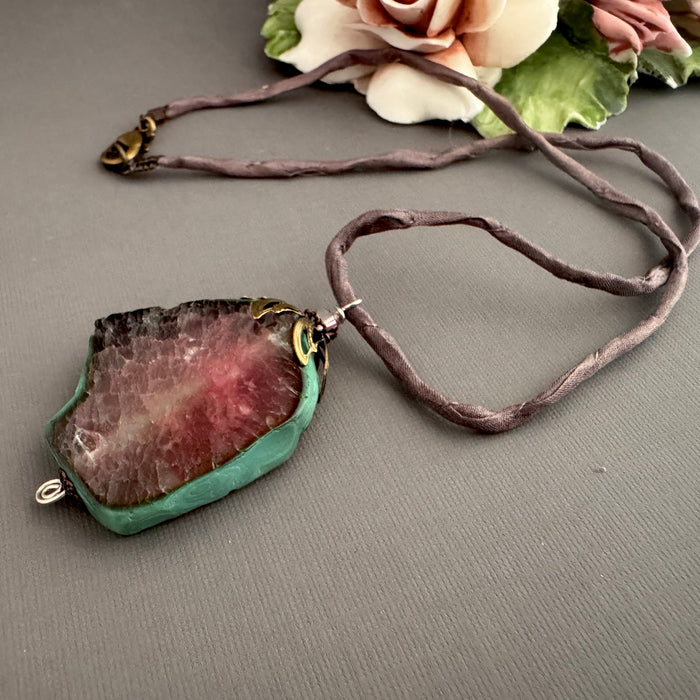 "Sliced Tourmaline" Freeform Agate Pendant Necklace on Silk Cord
