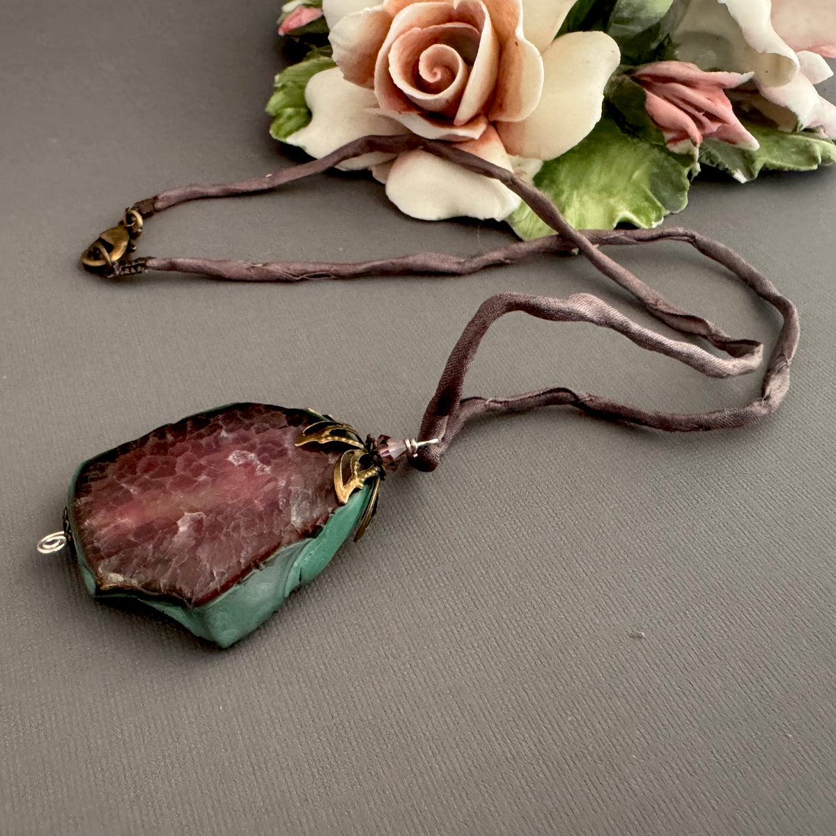 "Sliced Tourmaline" Freeform Agate Pendant Necklace on Silk Cord