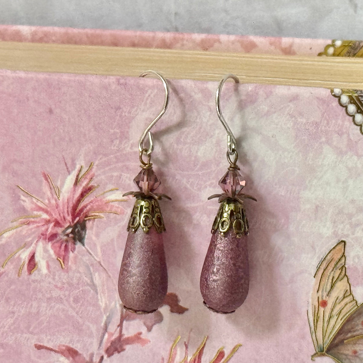 Czech Glass Pink Frosted Matte Dangle Drop Earrings in Sterling Silver