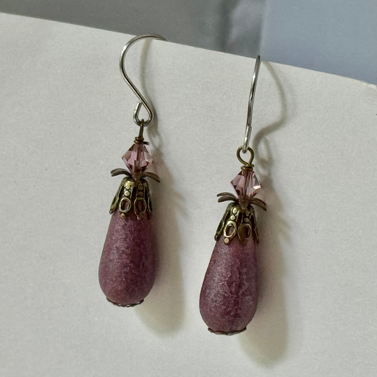 Czech Glass Pink Frosted Matte Dangle Drop Earrings in Sterling Silver