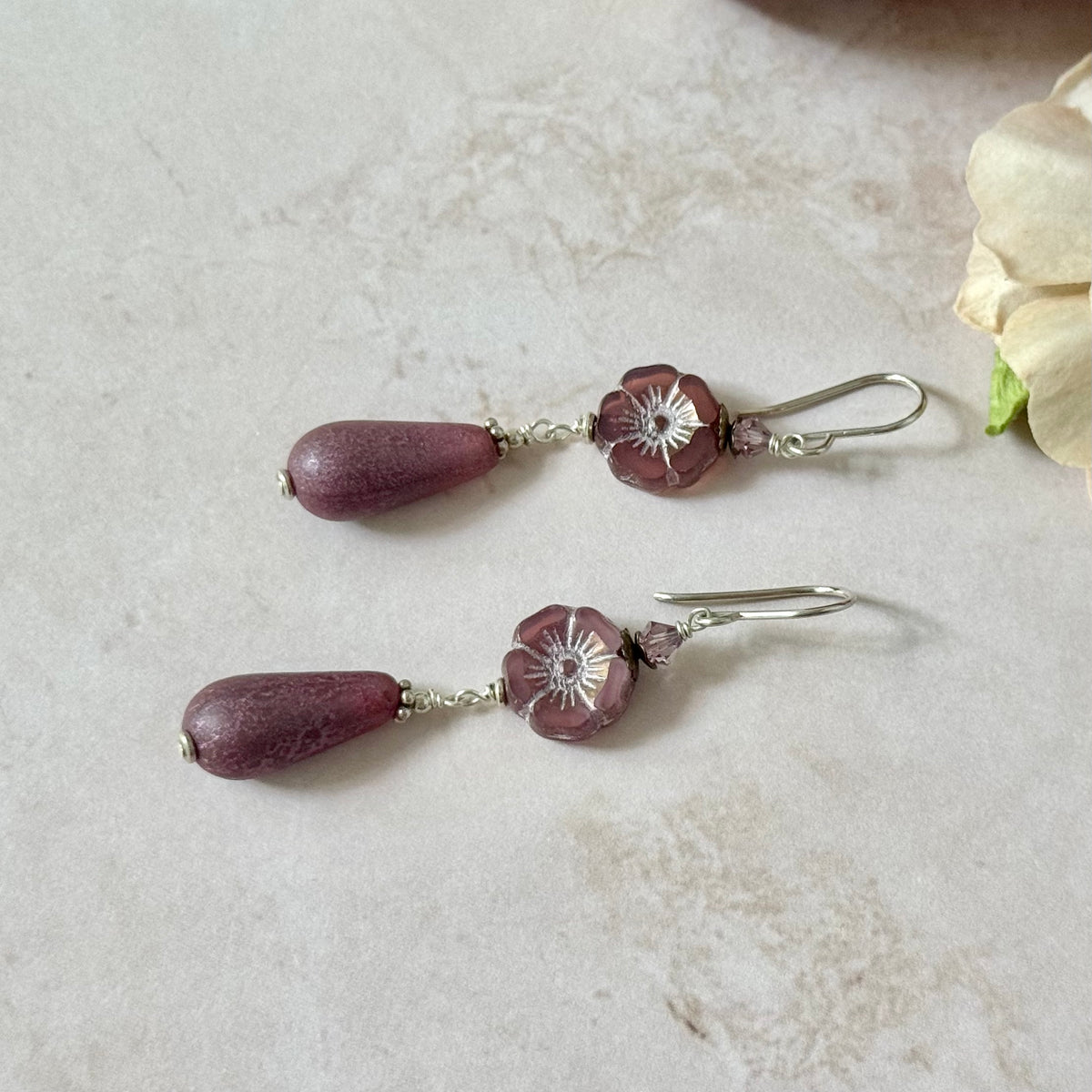 Mauve Czech Glass Flower Drop Earrings in Sterling Silver