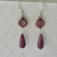 Mauve Czech Glass Flower Drop Earrings in Sterling Silver