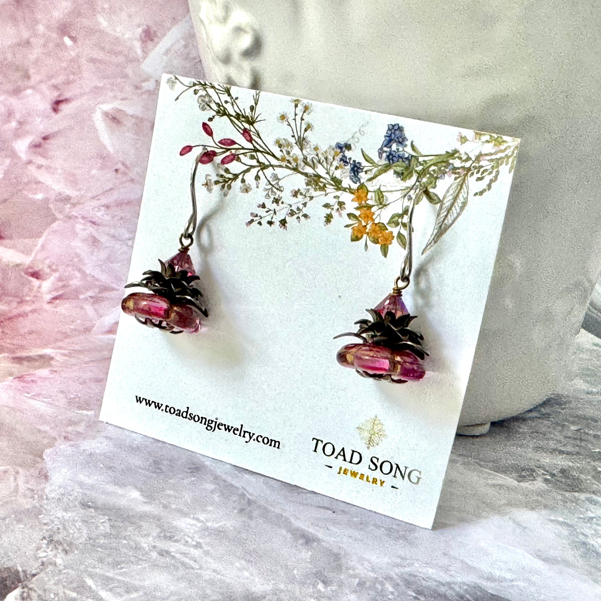 Czech Glass Dark Pink Flower Drop Earrings in Sterling Silver