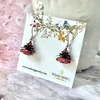 Czech Glass Dark Pink Flower Drop Earrings in Sterling Silver