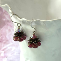 Czech Glass Dark Pink Flower Drop Earrings in Sterling Silver
