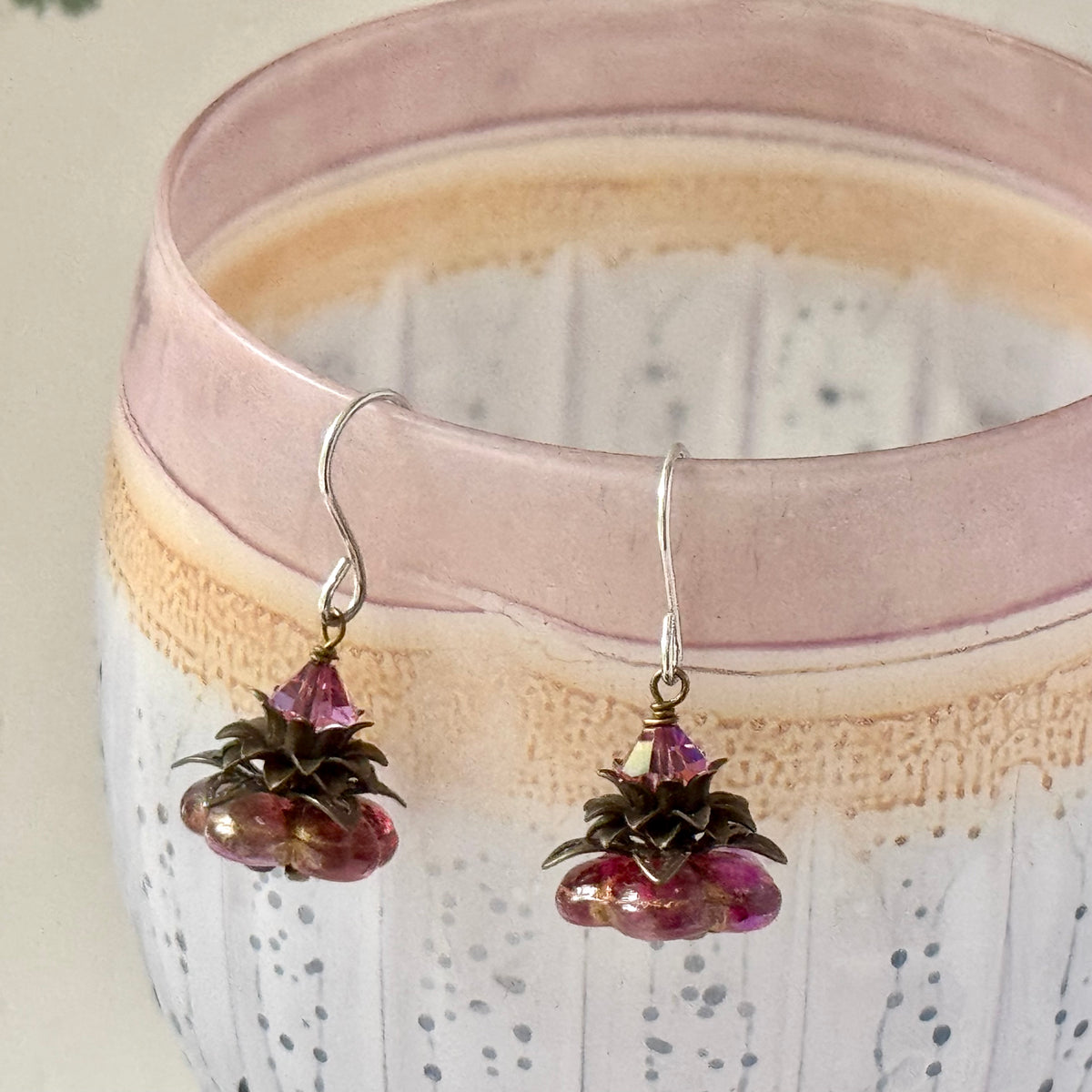 Czech Glass Dark Pink Flower Drop Earrings in Sterling Silver