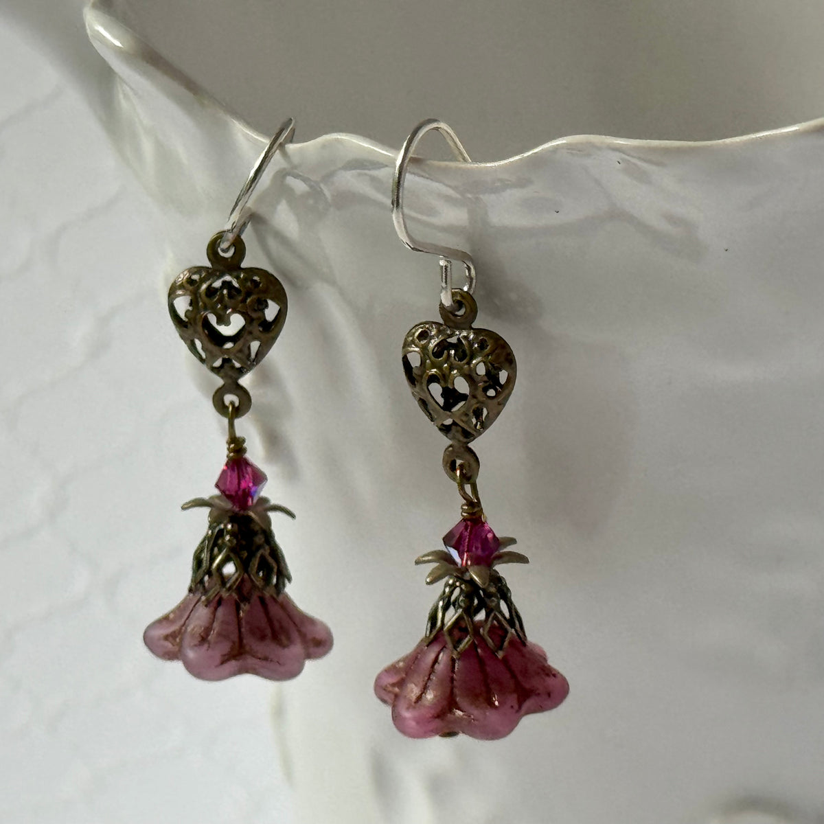 Victorian Dark Pink Czech Glass Drops with Brass Heart Filigree Components in Sterling Silver