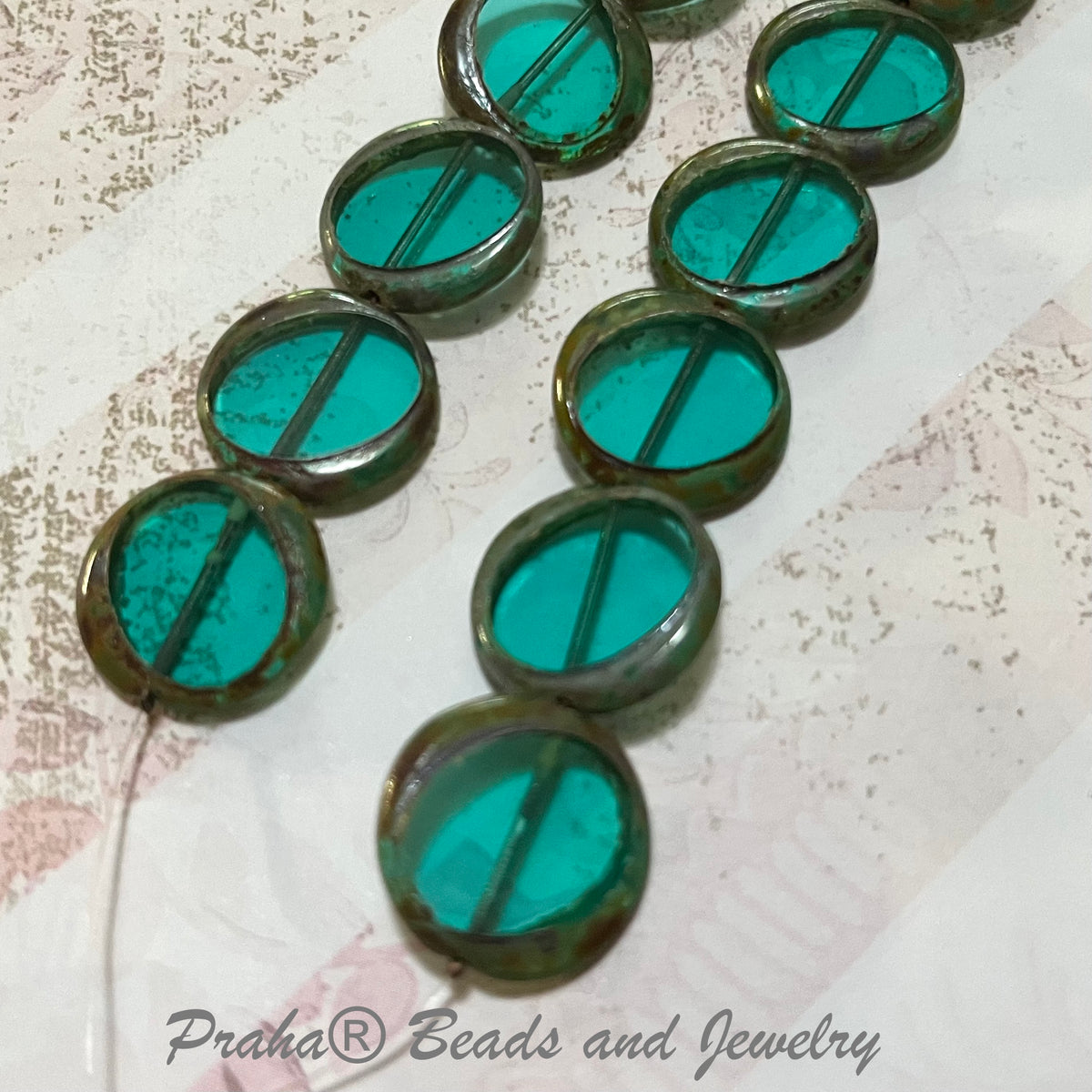 Czech Caribbean Green/Copper Coin Beads, Czech 16MM