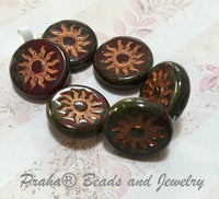 Czech Glass Sun Coin Burnt Umber with Copper and Picasso Finish, 22 MM