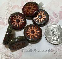 Czech Glass Sun Coin Burnt Umber with Copper and Picasso Finish, 22 MM