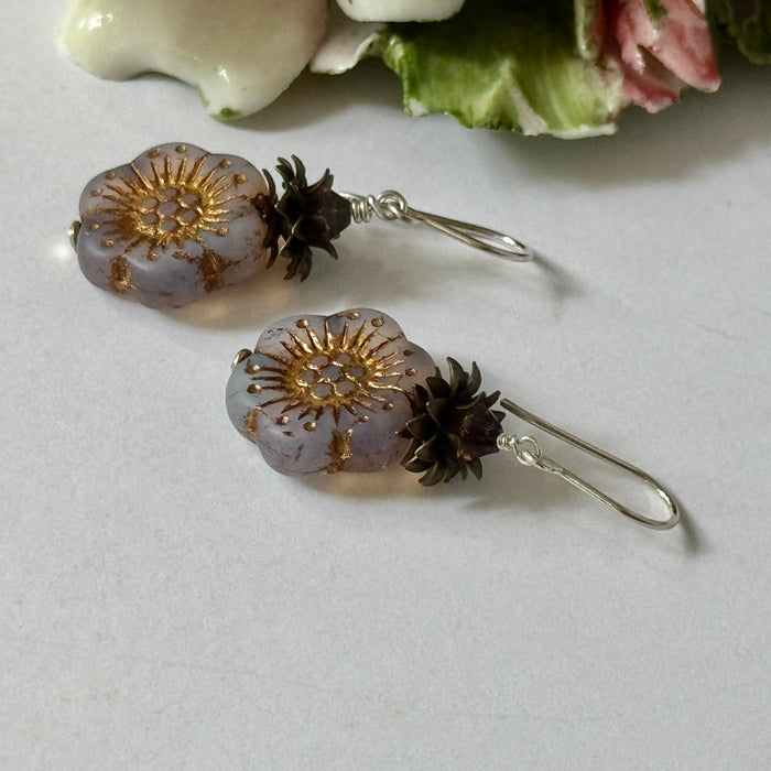 Wild Rose Czech Glass Flower Earrings in Sterling Silver