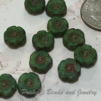 Czech Hibiscus Dark Green with Red Finish Glass Bead, 7 MM