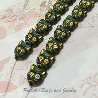 Czech Green and Gold Cat Glass Bead, Czech 12MM