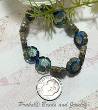 Load image into Gallery viewer, Czech Glass Hibiscus Flower Sapphire and Sky Blue with AB and Antique Silver Finish, 12 MM
