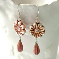 Czech Glass Pink Metallic Wildflower Dangle Earrings in Sterling Silver