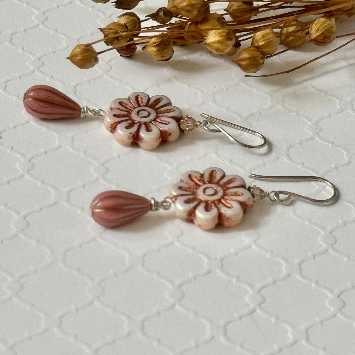 Czech Glass Pink Metallic Wildflower Dangle Earrings in Sterling Silver