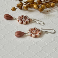 Czech Glass Pink Metallic Wildflower Dangle Earrings in Sterling Silver