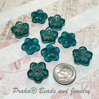 Czech Teal Hibiscus Glass Flower, 15MM