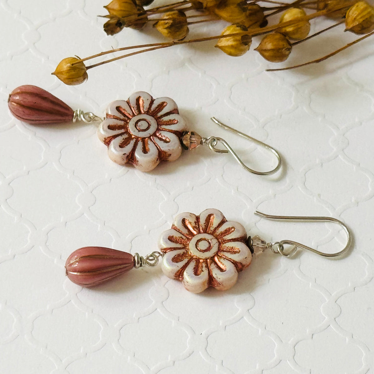 Czech Glass Pink Metallic Wildflower Dangle Earrings in Sterling Silver