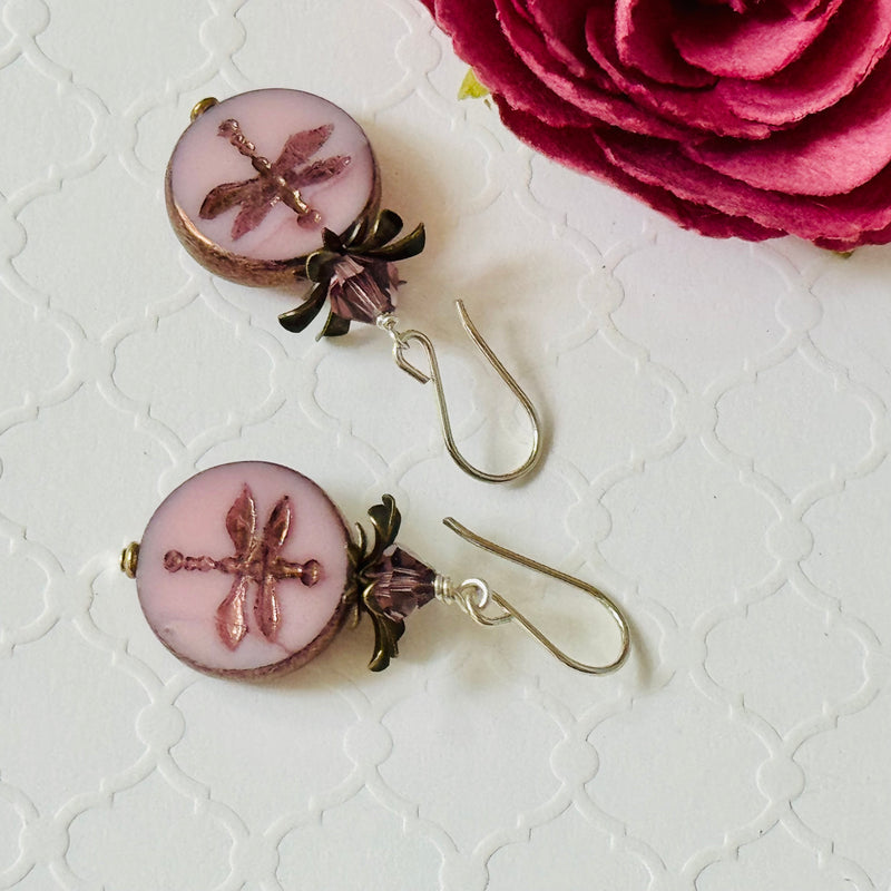 Pink Dragon Fly Coin Czech Glass Earrings in Sterling Silver