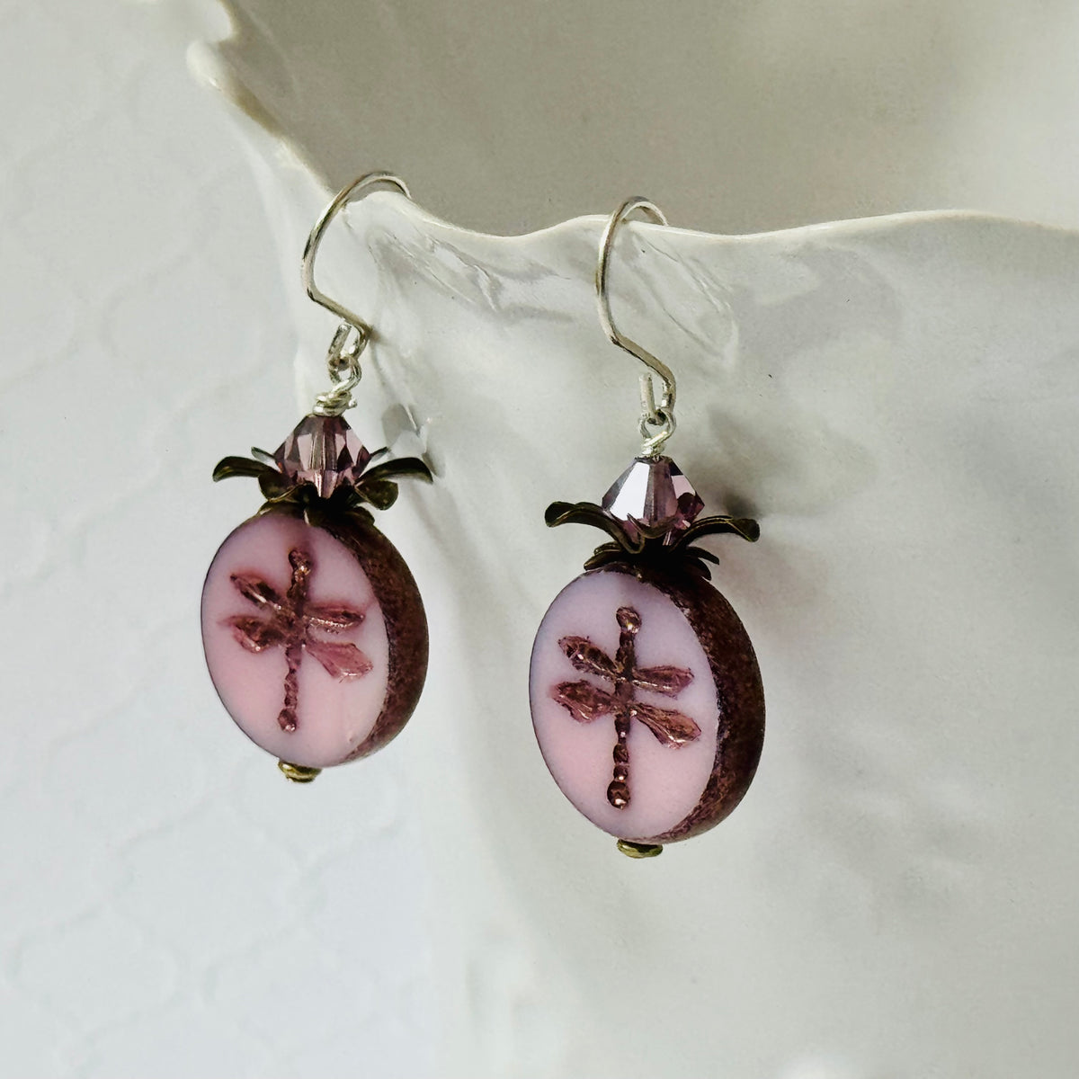 Pink Dragon Fly Coin Czech Glass Earrings in Sterling Silver