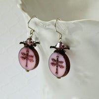 Pink Dragon Fly Coin Czech Glass Earrings in Sterling Silver