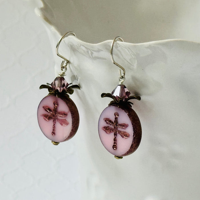 Pink Dragon Fly Coin Czech Glass Earrings in Sterling Silver