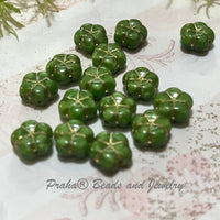 Czech Green and Gold Puffy Flower Glass Beads 8MM