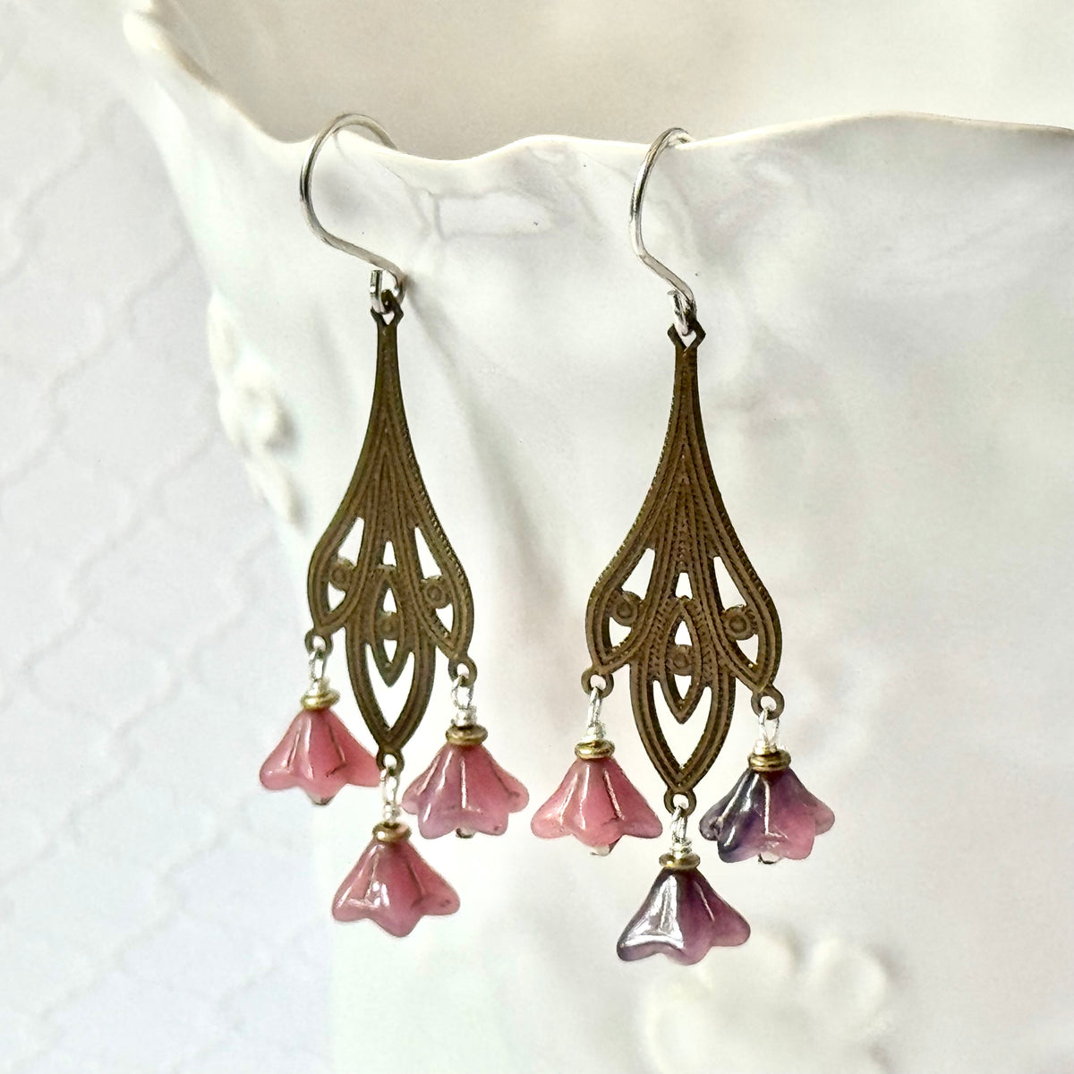 Art Nouveau Pink Czech Glass Flower Earrings on Brass Filigree Components in Sterling Silver