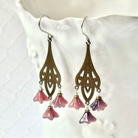 Art Nouveau Pink Czech Glass Flower Earrings on Brass Filigree Components in Sterling Silver