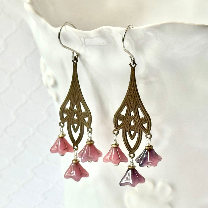 Art Nouveau Pink Czech Glass Flower Earrings on Brass Filigree Components in Sterling Silver