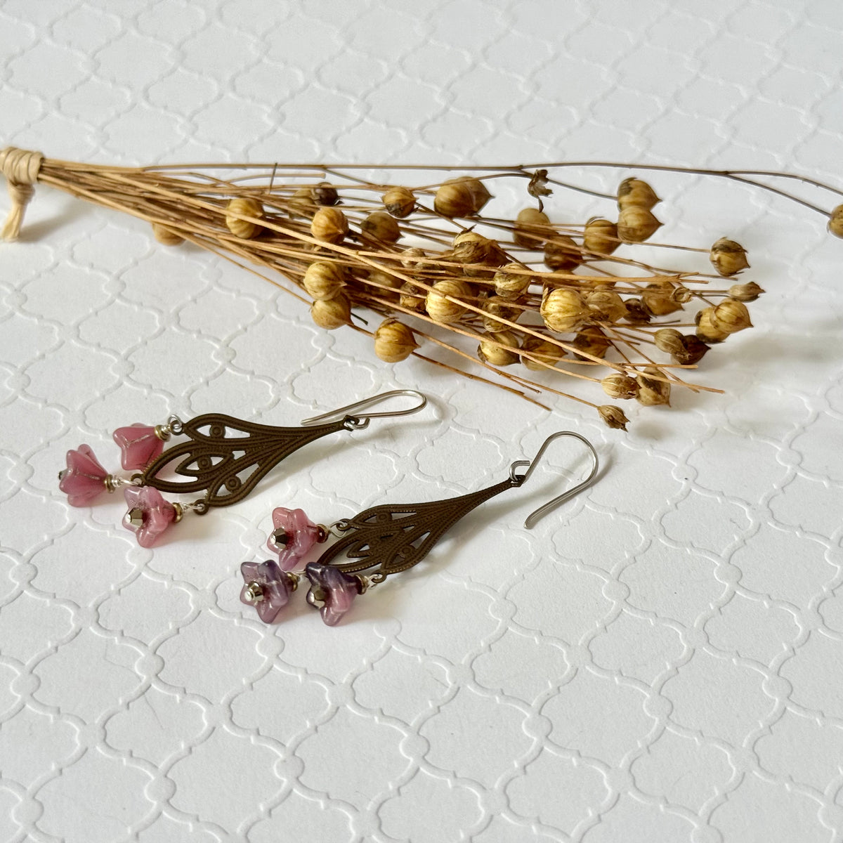 Art Nouveau Pink Czech Glass Flower Earrings on Brass Filigree Components in Sterling Silver
