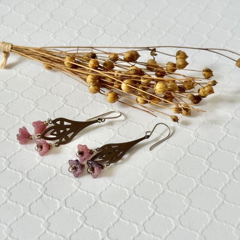 Art Nouveau Pink Czech Glass Flower Earrings on Brass Filigree Components in Sterling Silver