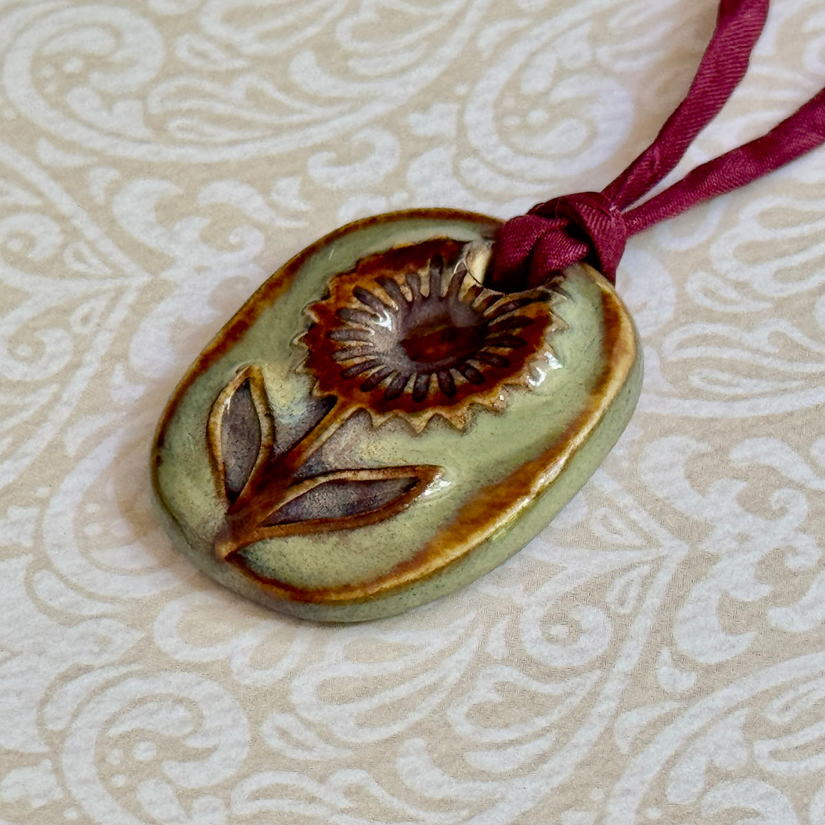 Handmade Porcelain Flower Pendant on Silk Cord