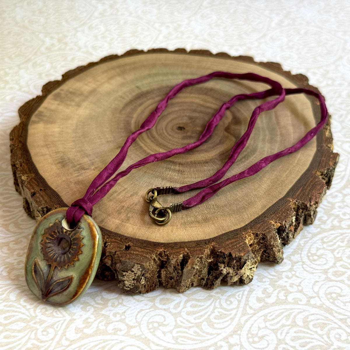 Handmade Porcelain Flower Pendant on Silk Cord