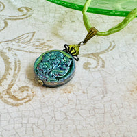Metallic Green Czech Glass Flower Pendant on Silk Cord