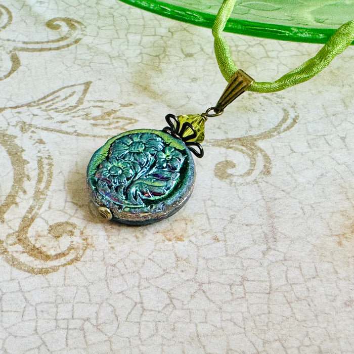 Metallic Green Czech Glass Flower Pendant on Silk Cord