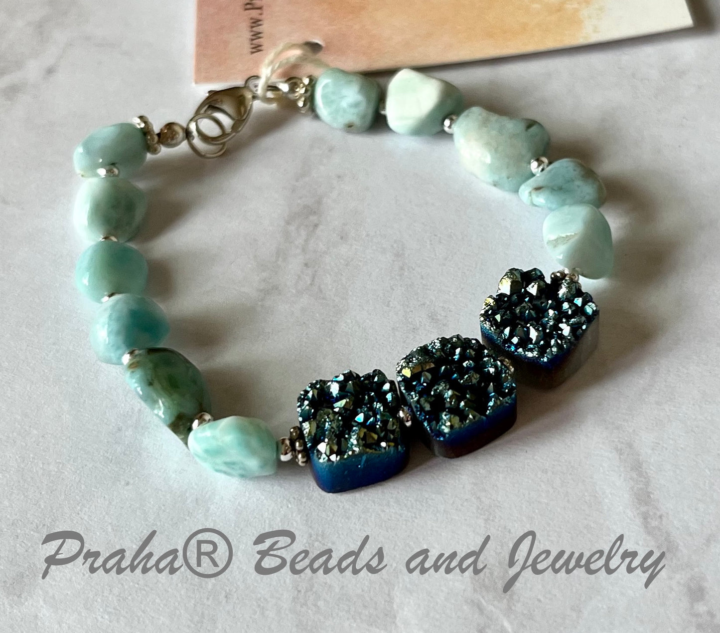 Larimar and Bright Blue Druzy Quartz Bracelet in Sterling Silver