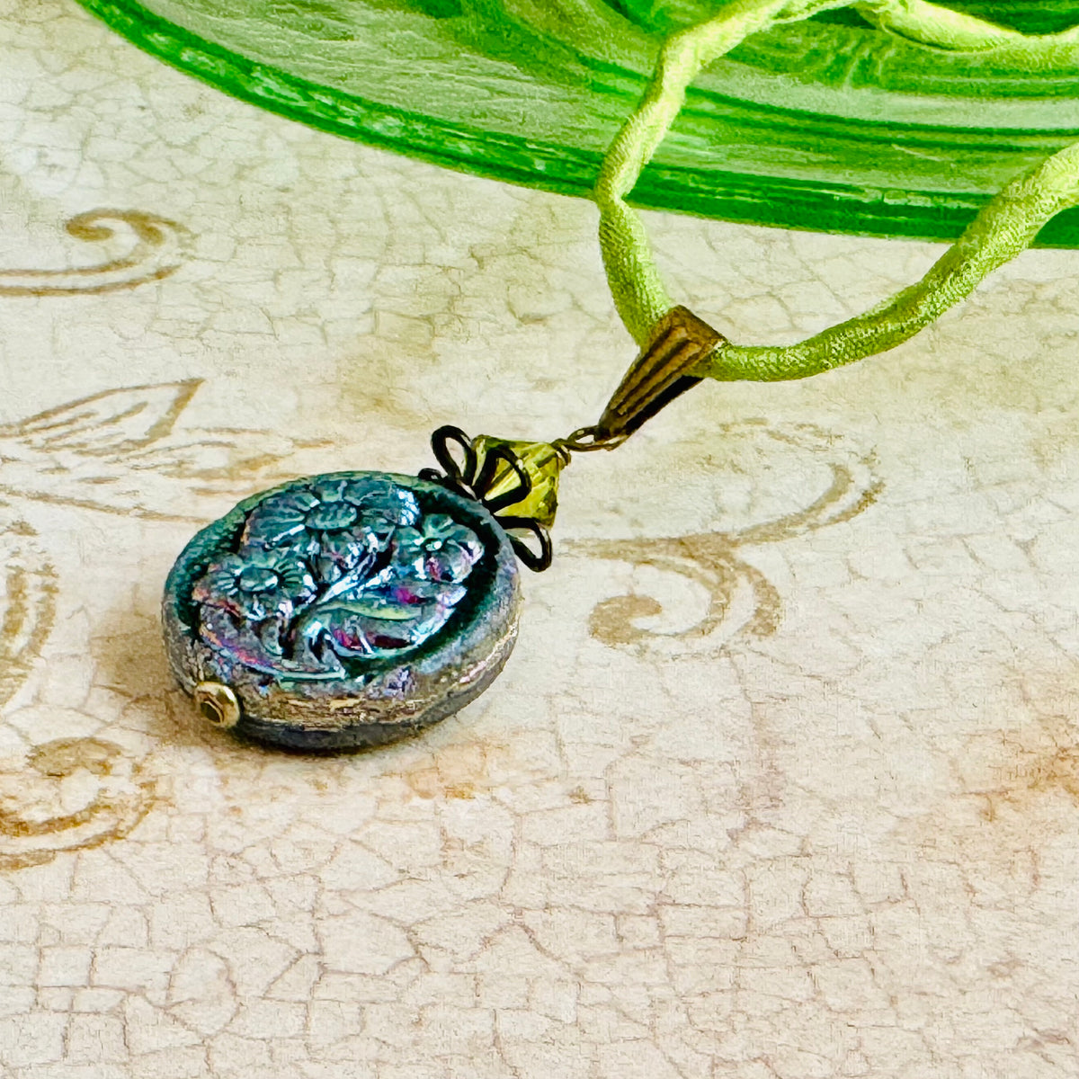 Metallic Green Czech Glass Flower Pendant on Silk Cord